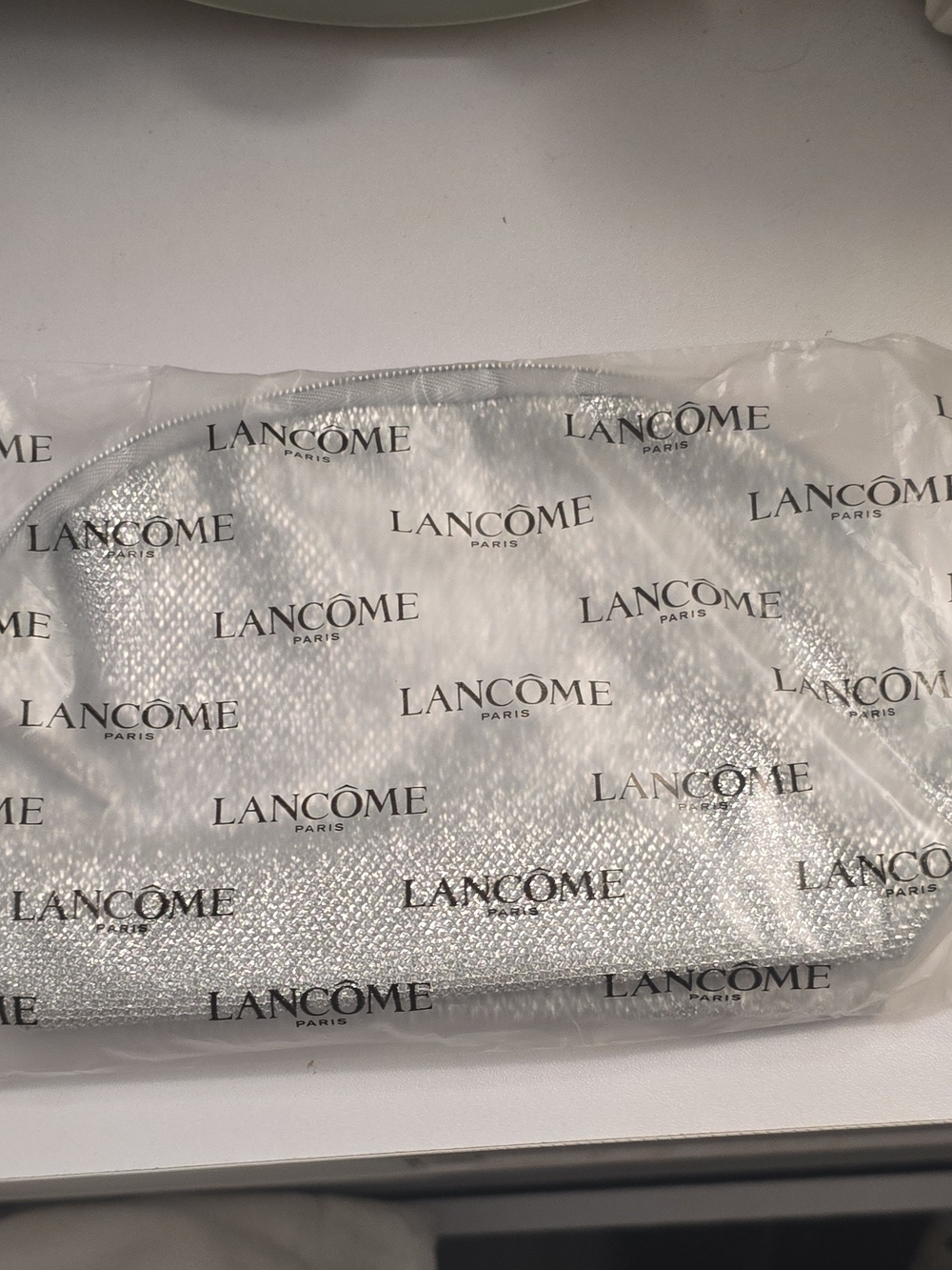 Lancôme Paris Silver Glitter Makeup Bag Cosmetic Pouch with Zipper Closure